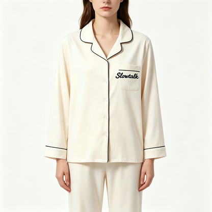 Slowtalk Women's Long Sleeve Pajama Set, Soft Cotton Blend Button-Down Sleepwear, 2-Piece Loungewear with Contrast Piping, Cozy Nightwear for All Seasons