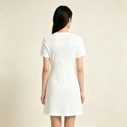 Upidea Crew Neck Short Sleeve Mini Dress, Waist Cinched A-Line White Mini Dress, Wrinkle Resistant Soft Casual Short Dress for Office Daily Street Dating Outfit