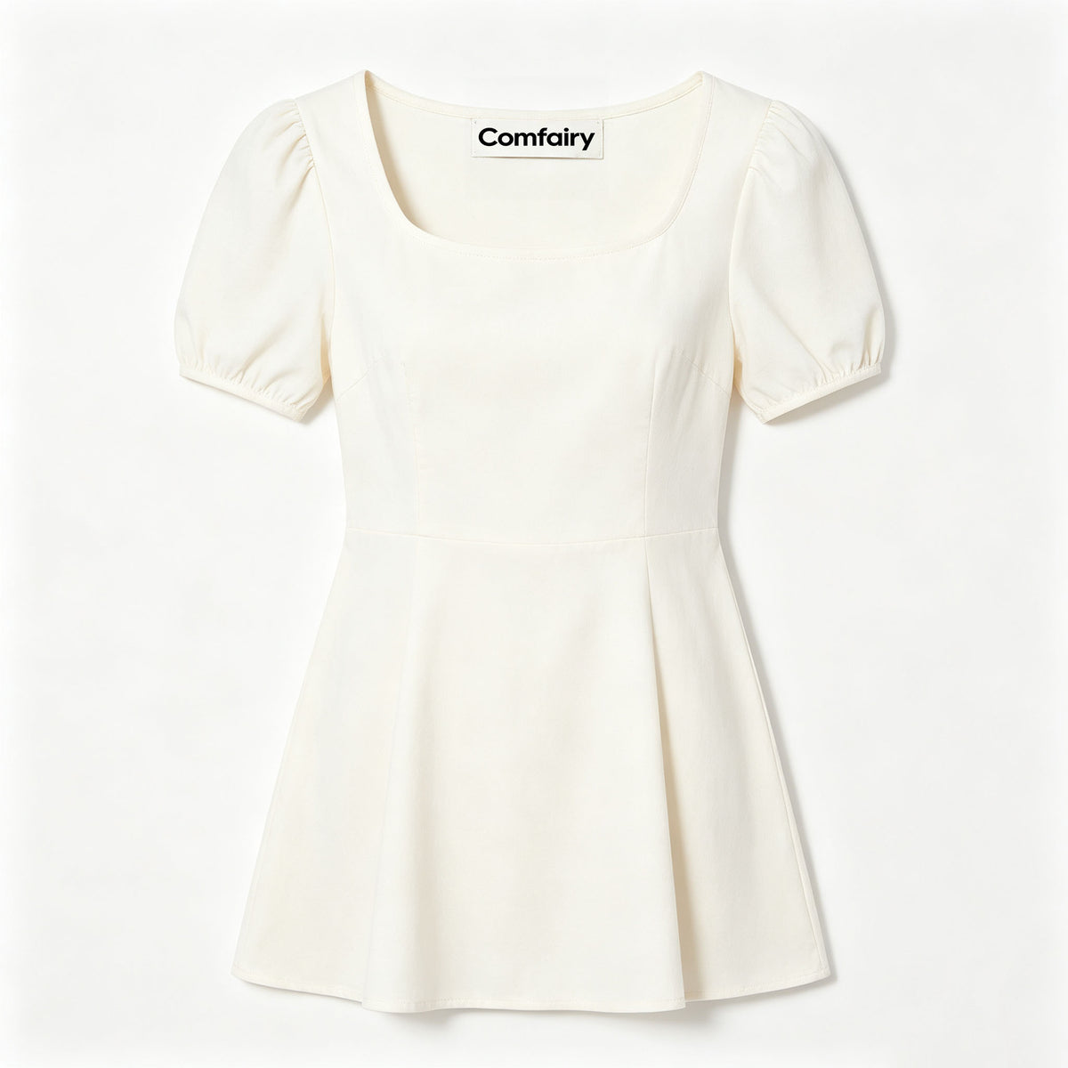 Comfairy Women's Square Neck Mini Dress, Puff Short Sleeve A-Line Flare Skater Dress, Solid Cream Casual Summer Dress for Dating Party Daily Outing