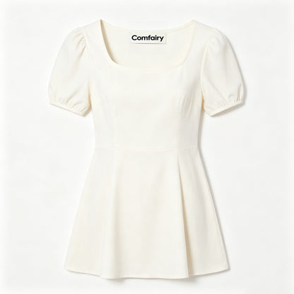 Comfairy Women's Square Neck Mini Dress, Puff Short Sleeve A-Line Flare Skater Dress, Solid Cream Casual Summer Dress for Dating Party Daily Outing