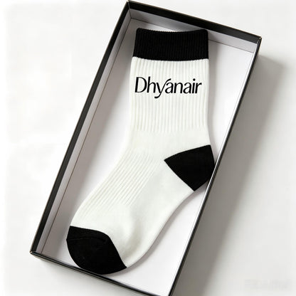Dhyanaire Black White Color Block Crew Socks, Ribbed Soft Cotton Casual Socks, Letter Print Fashion Streetwear Athletic Socks for Men Women Daily Wear Gift Box