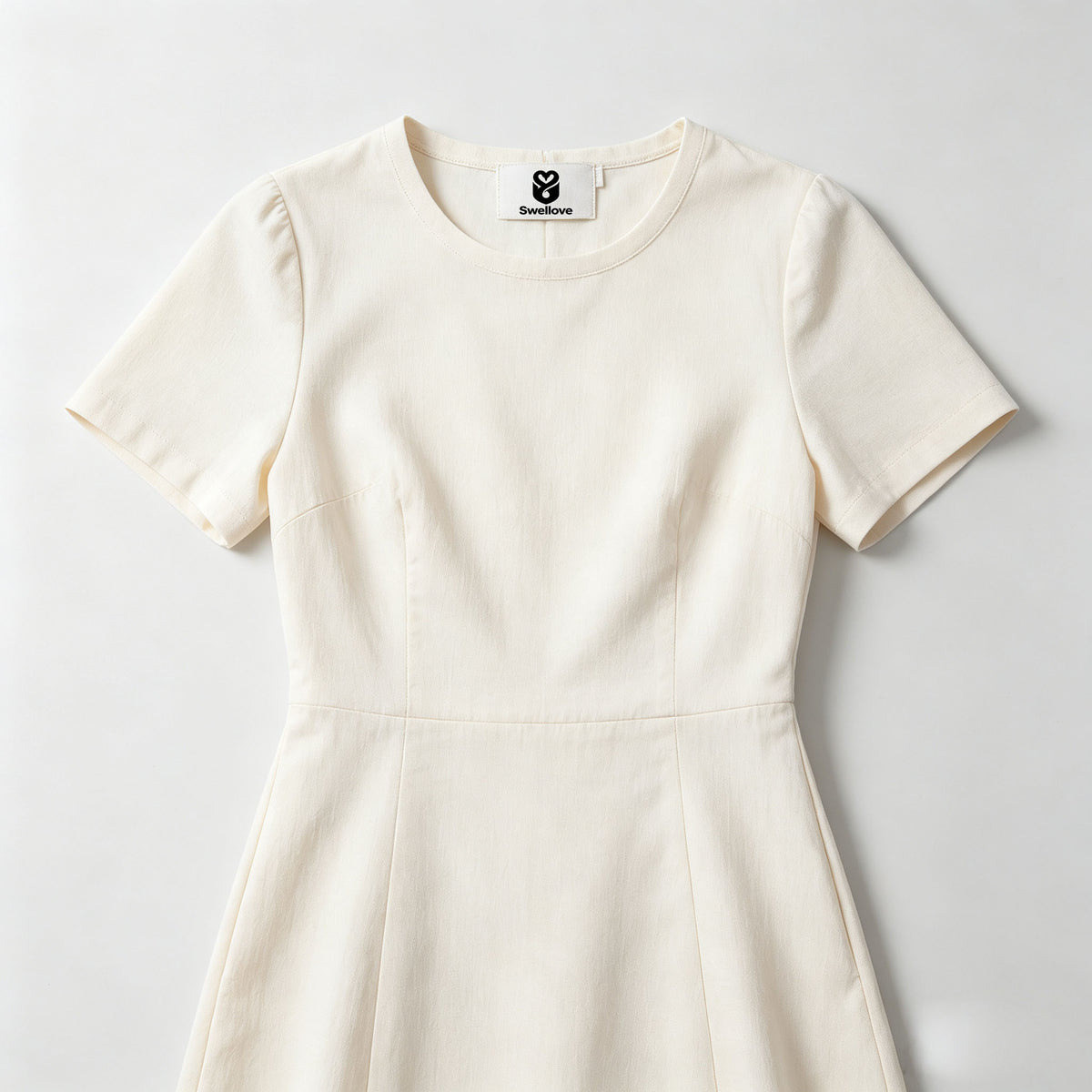 Swellove Elegant Short Sleeve Mini Dress, Crew Neck Waist‑Defined A‑Line Dress for Daily & Office