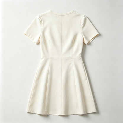 Swellove Elegant Short Sleeve Mini Dress, Crew Neck Waist‑Defined A‑Line Dress for Daily & Office