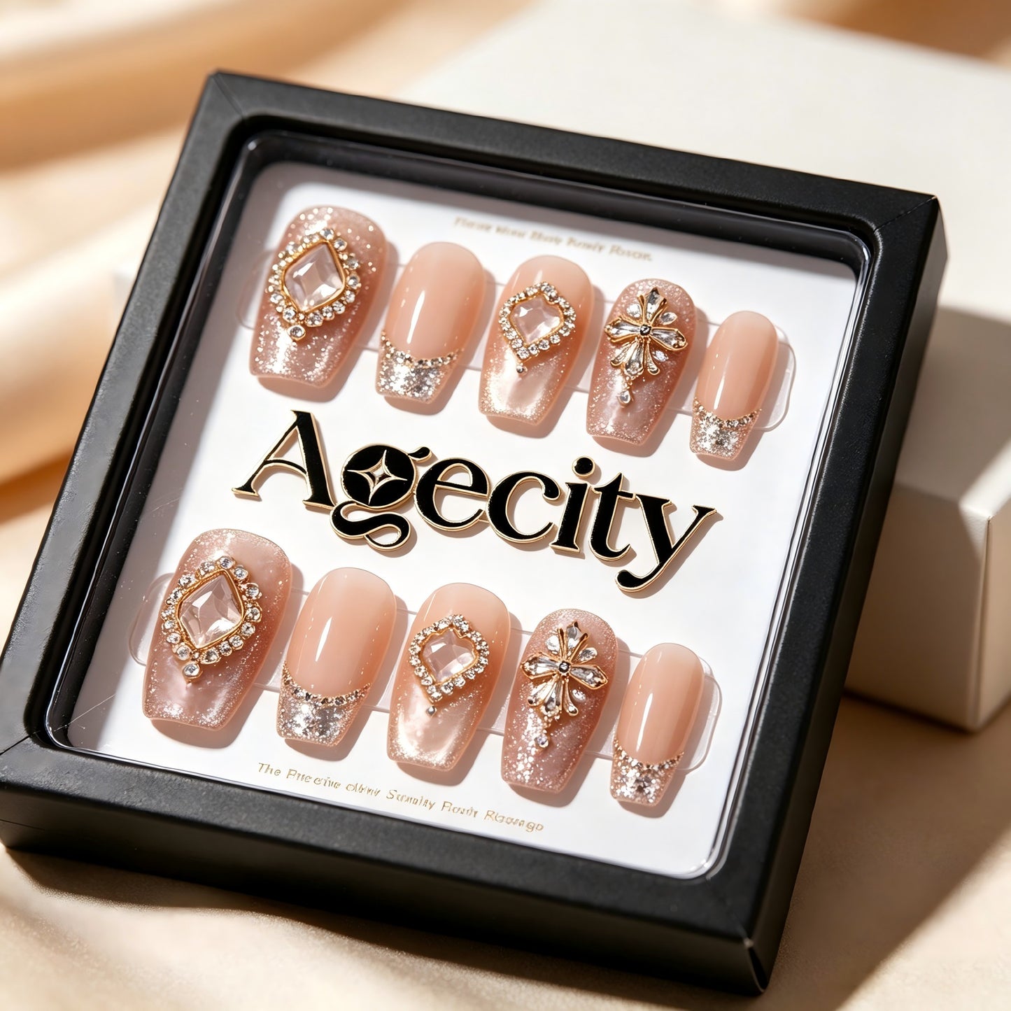 Agecity Luxury Press-On Nails, Nude Pink Gradient French False Nails with Rhinestones, Reusable Medium-Length Fake Nails, Elegant Bridal & Party Nail Art Kit