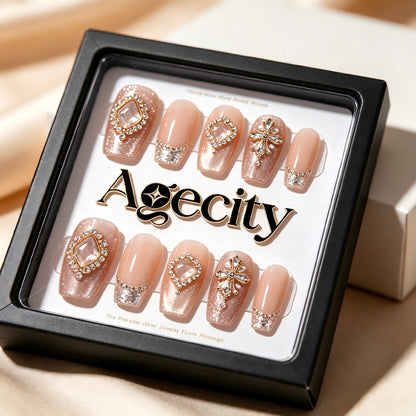 Agecity Luxury Press-On Nails, Nude Pink Gradient French False Nails with Rhinestones, Reusable Medium-Length Fake Nails, Elegant Bridal & Party Nail Art Kit