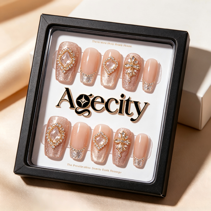 Agecity Luxury Press-On Nails, Nude Pink Gradient French False Nails with Rhinestones, Reusable Medium-Length Fake Nails, Elegant Bridal & Party Nail Art Kit