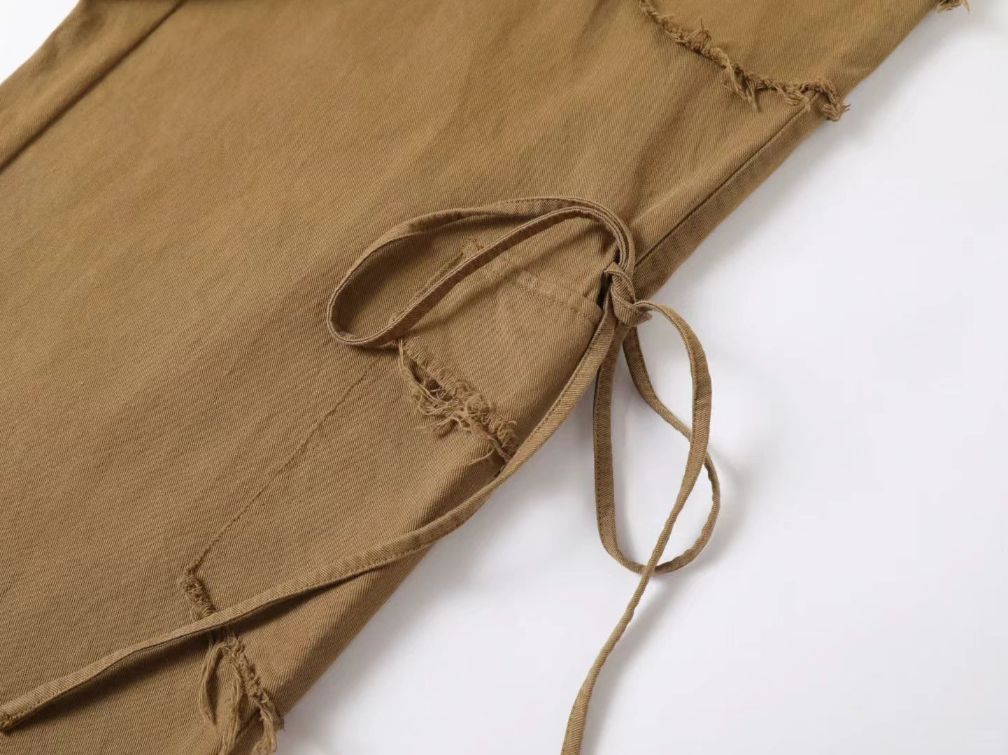 Sewnew Women's Khaki Cargo Pants, Raw Edge Multi Pocket Wide Leg Work Pants, Adjustable Drawstring Casual Streetwear Baggy Trousers