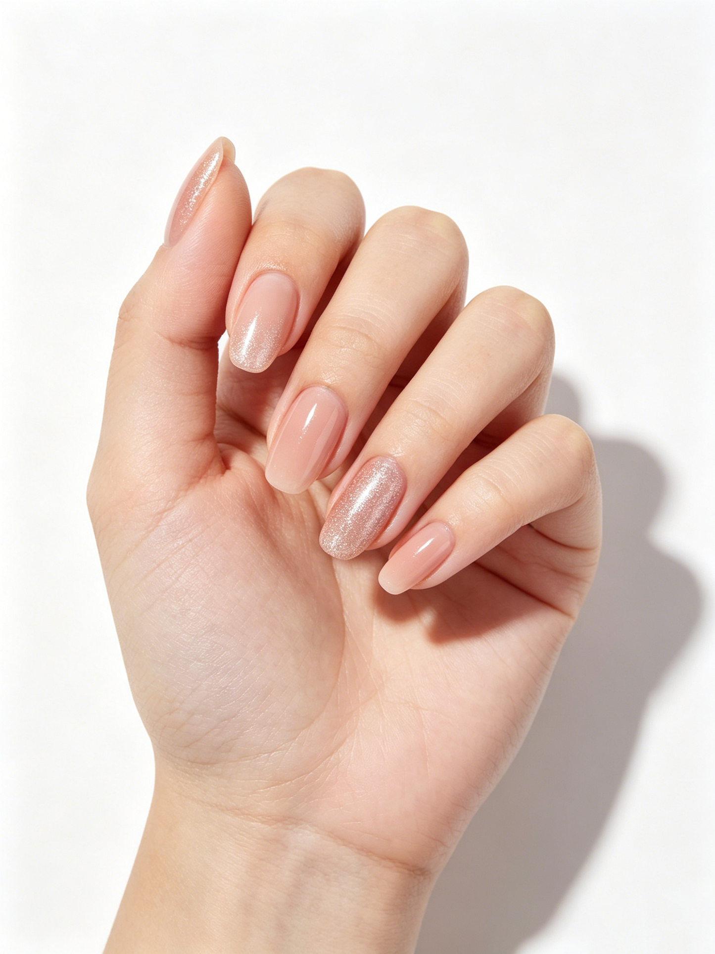 Hexgirl Nude Glitter Ombre Press On Nails, Medium Oval Glossy Fake Nails, Natural Reusable Neutral Shimmer Stick On Nail Kit for Daily Office Wedding Manicure