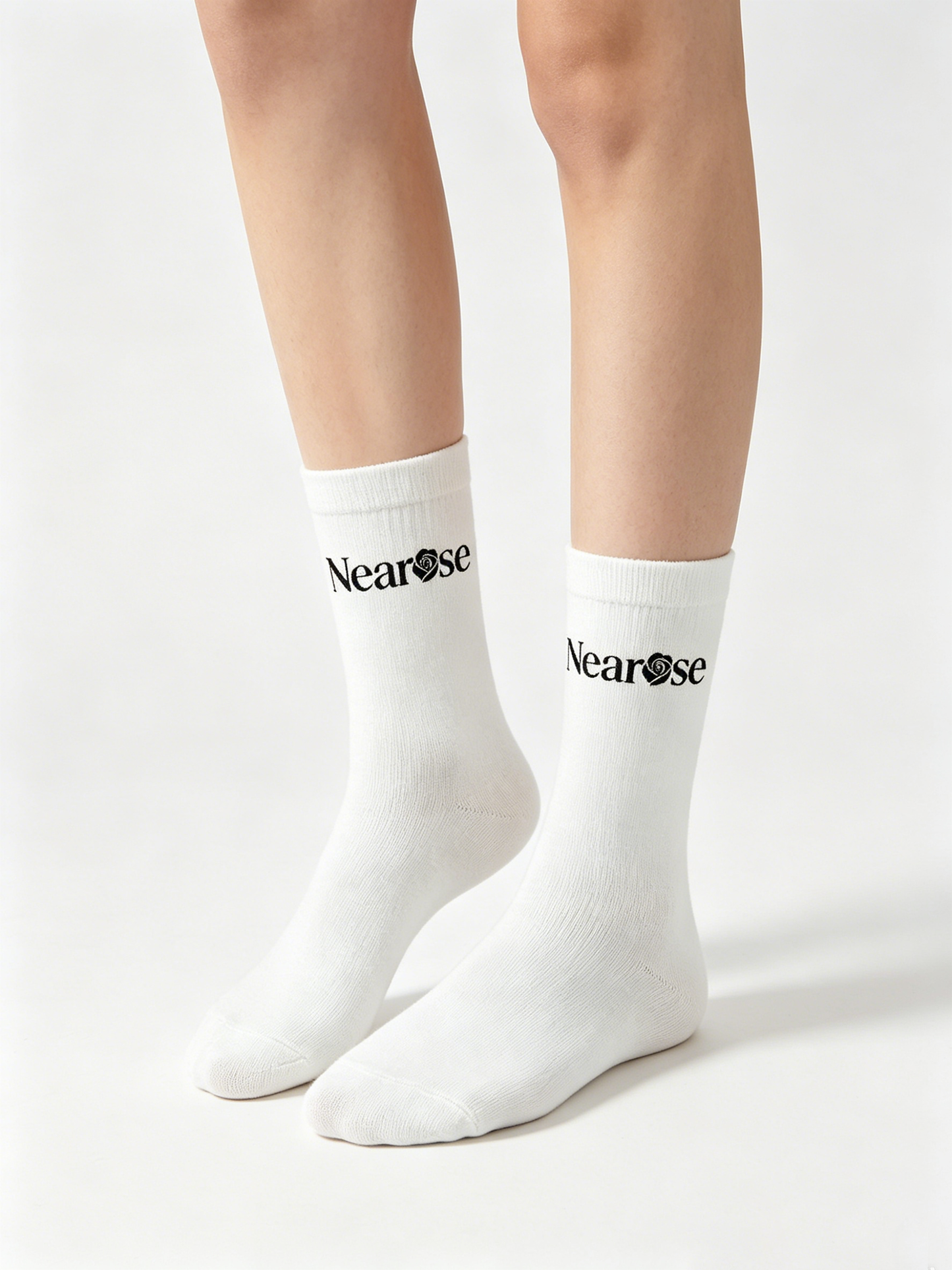 Nearose Minimalist White Crew Socks, Stretch Mid-Calf Cotton Socks for Women Streetwear Gym Daily Wear
