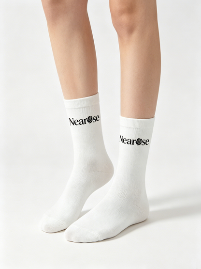Nearose Minimalist White Crew Socks, Stretch Mid-Calf Cotton Socks for Women Streetwear Gym Daily Wear