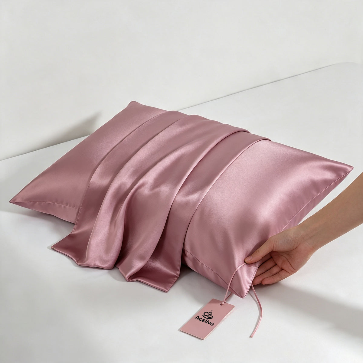 Acelive Luxury Satin Cover Bed Pillow with Removable Washable Cover, Soft Support Sleep Pillow for Hair & Skin, Standard Size
