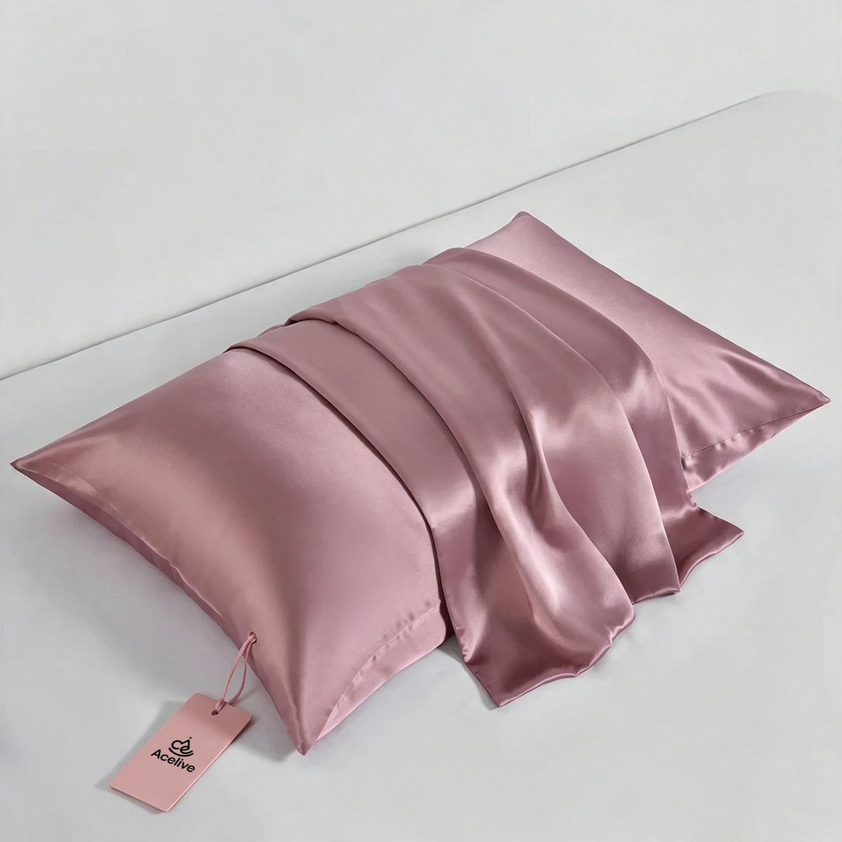 Acelive Luxury Satin Cover Bed Pillow with Removable Washable Cover, Soft Support Sleep Pillow for Hair & Skin, Standard Size