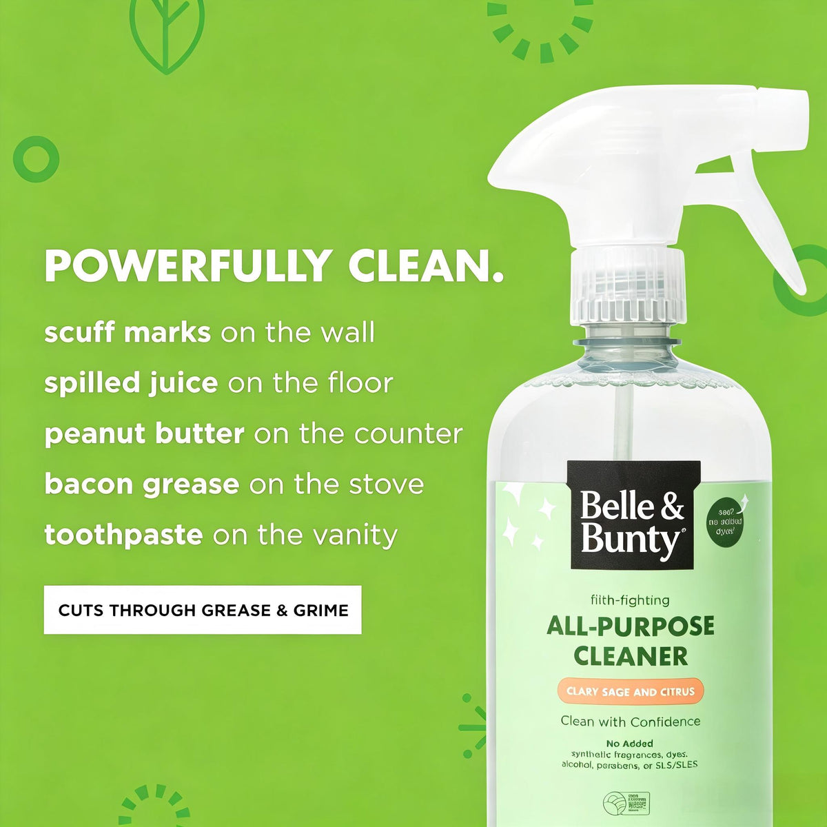 Belle & Bunty All Purpose Cleaner, Clary Sage & Citrus Scent, 24 FL OZ (710mL), Multi Surface Household Cleaning Spray, No Added Synthetic Fragrances, Dyes, Alcohol, Parabens & SLS/SLES for Kitchen, Bathroom, Countertop
