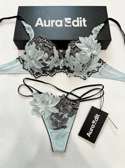 AuraEdit Women Floral 3D Lace Lingerie Set, Push Up Bra & Thong Panties Elegant Embroidery Floral Underwear 2 Piece Lingerie Kit