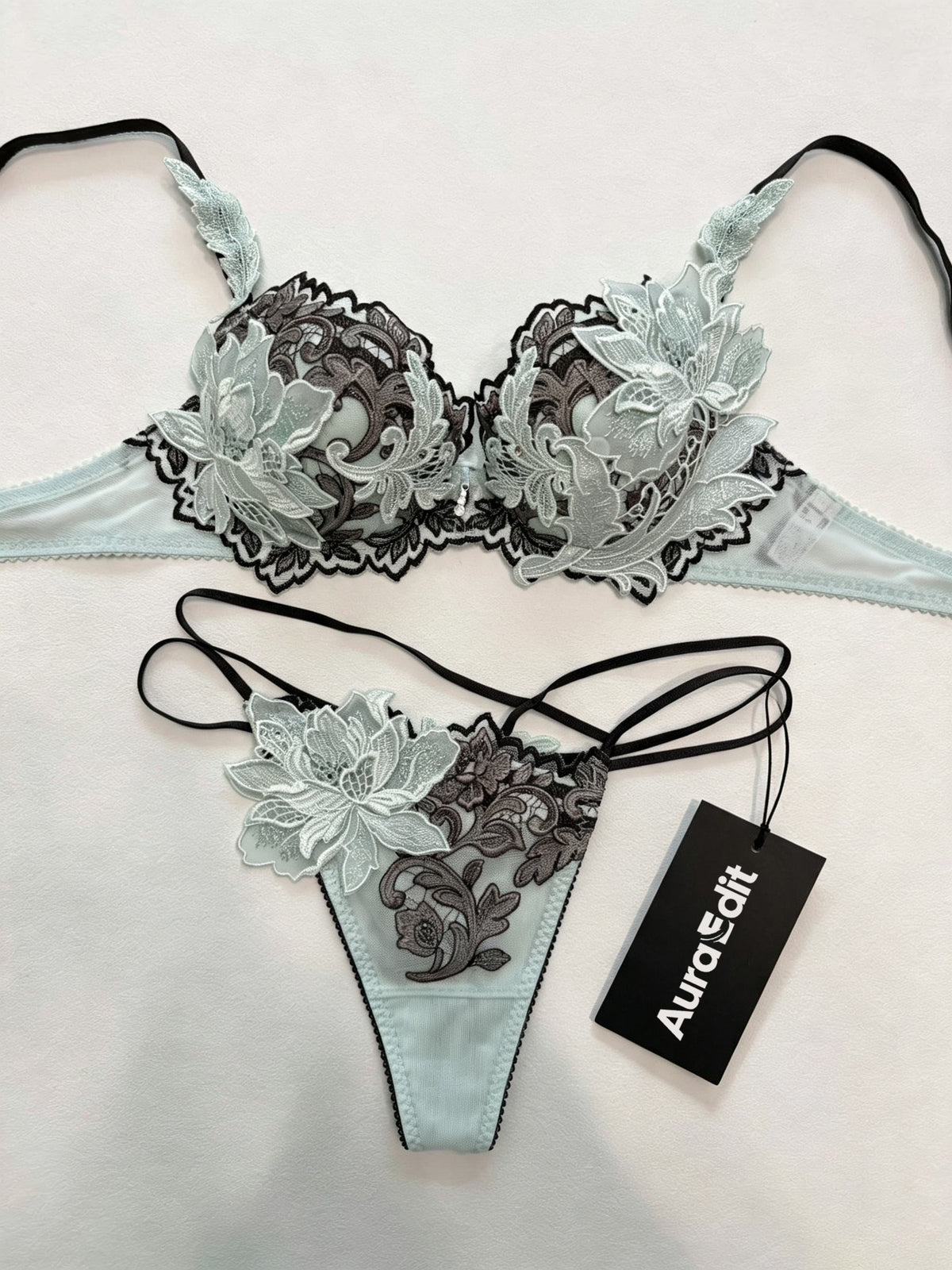 AuraEdit Women Floral 3D Lace Lingerie Set, Push Up Bra & Thong Panties Elegant Embroidery Floral Underwear 2 Piece Lingerie Kit