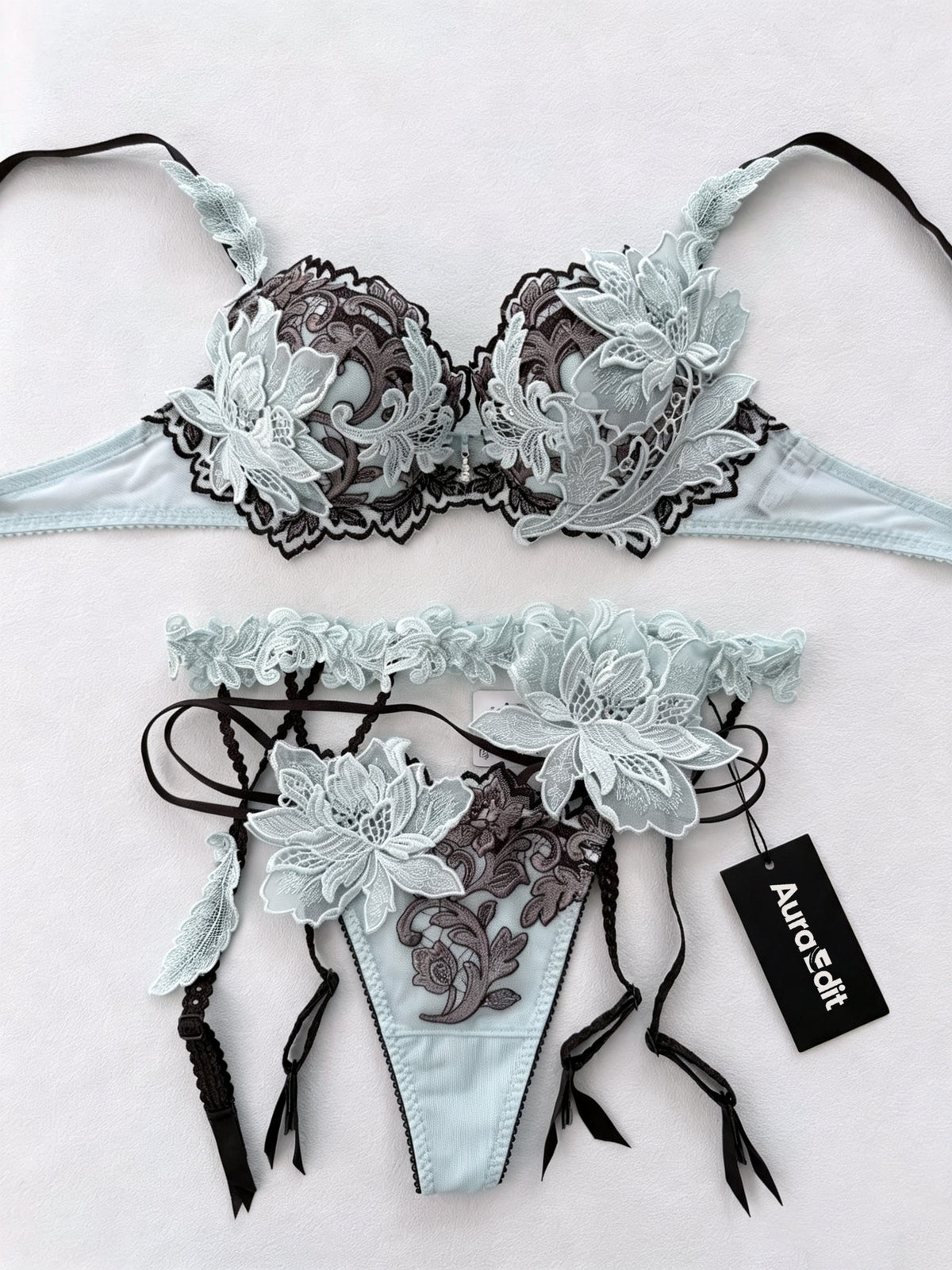 AuraEdit Women Floral 3D Lace Lingerie Set, Push Up Bra & Thong Panties Elegant Embroidery Floral Underwear 2 Piece Lingerie Kit