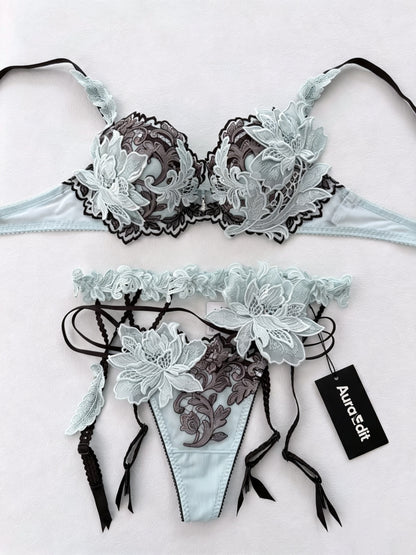 AuraEdit Women Floral 3D Lace Lingerie Set, Push Up Bra & Thong Panties Elegant Embroidery Floral Underwear 2 Piece Lingerie Kit