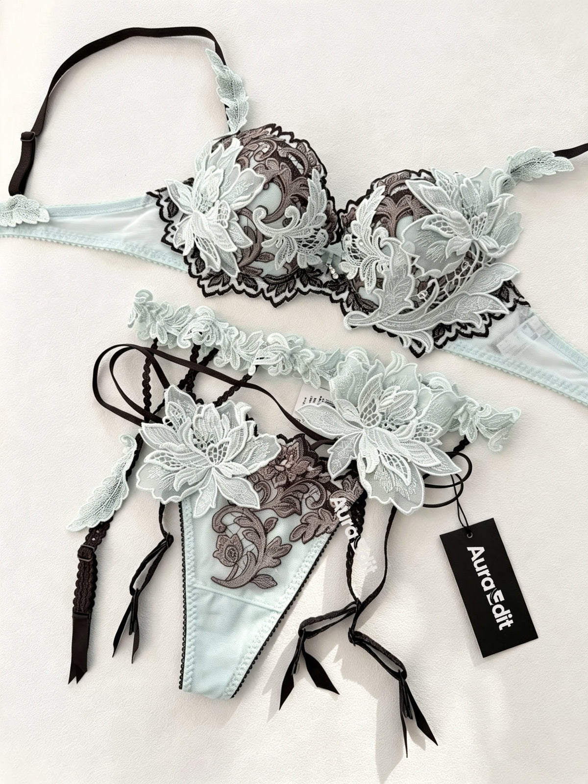 AuraEdit Women Floral 3D Lace Lingerie Set, Push Up Bra & Thong Panties Elegant Embroidery Floral Underwear 2 Piece Lingerie Kit