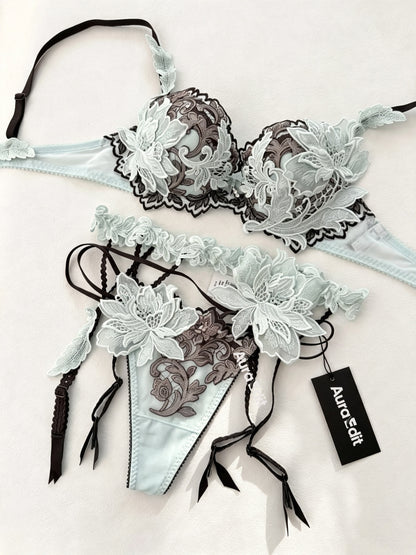 AuraEdit Women Floral 3D Lace Lingerie Set, Push Up Bra & Thong Panties Elegant Embroidery Floral Underwear 2 Piece Lingerie Kit