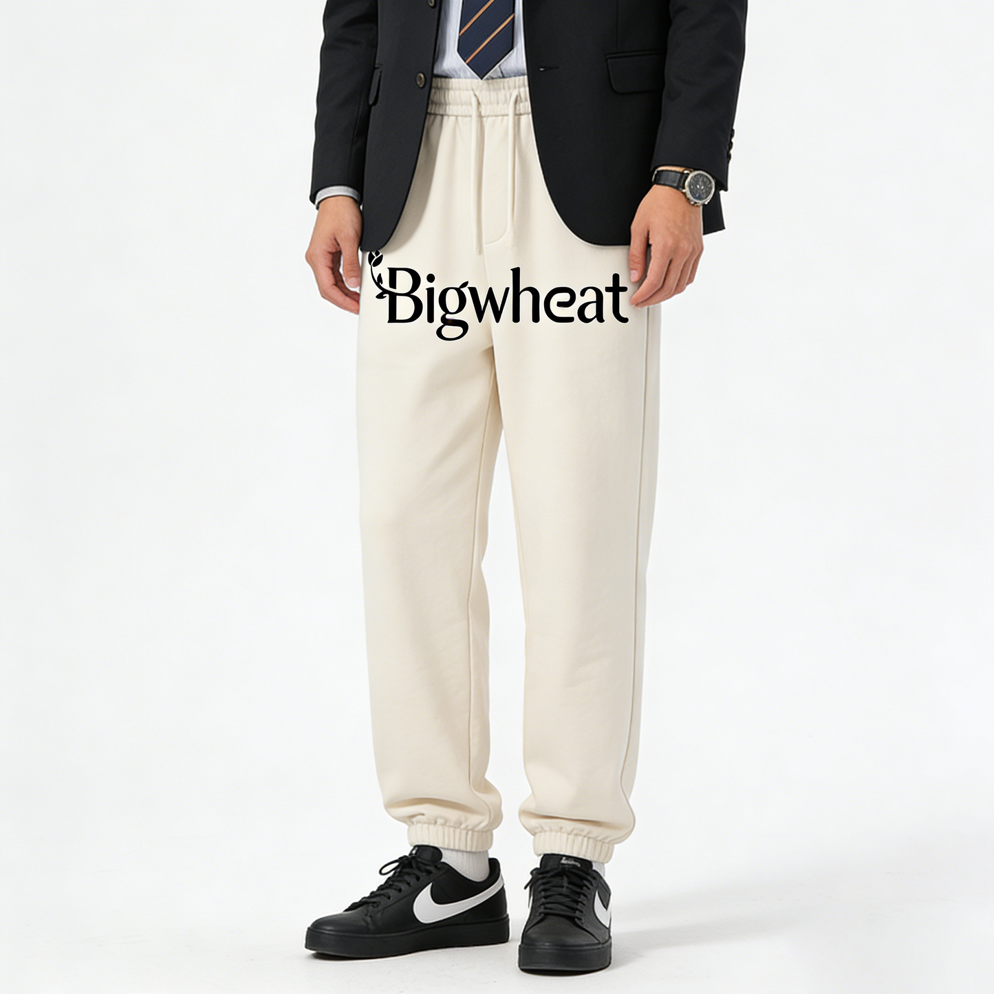 Bigwheat Casual Sweatpants, Relaxed Fit Drawstring Waist Joggers, Soft Breathable Cotton Blend Lounge Pants for Daily Wear, Street Style & Office Casual