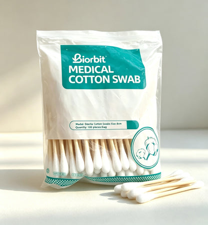 Biorbit Medical Cotton Swabs, 8cm Bamboo Stick Double Tipped Cotton Swabs, Disposable Medical Cotton Swabs for Home Skin Cleaning & Wound Care, 100 Counts Per Bag