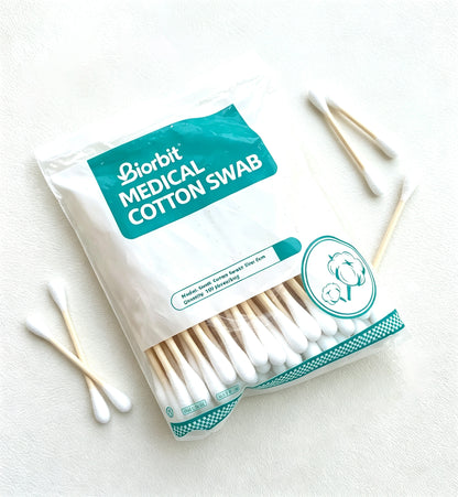 Biorbit Medical Cotton Swabs, 8cm Bamboo Stick Double Tipped Cotton Swabs, Disposable Medical Cotton Swabs for Home Skin Cleaning & Wound Care, 100 Counts Per Bag