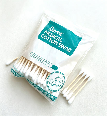 Biorbit Medical Cotton Swabs, 8cm Bamboo Stick Double Tipped Cotton Swabs, Disposable Medical Cotton Swabs for Home Skin Cleaning & Wound Care, 100 Counts Per Bag