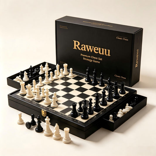 Raweuu Premium Wooden Chess Set, Folding Chess Board Game with Storage Drawers for Chess Pieces, Classic Strategy Board Game for Adults Kids, Ideal for Home Entertainment & Gift