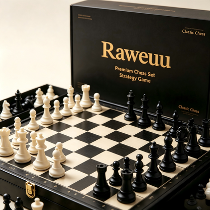 Raweuu Premium Wooden Chess Set, Folding Chess Board Game with Storage Drawers for Chess Pieces, Classic Strategy Board Game for Adults Kids, Ideal for Home Entertainment & Gift