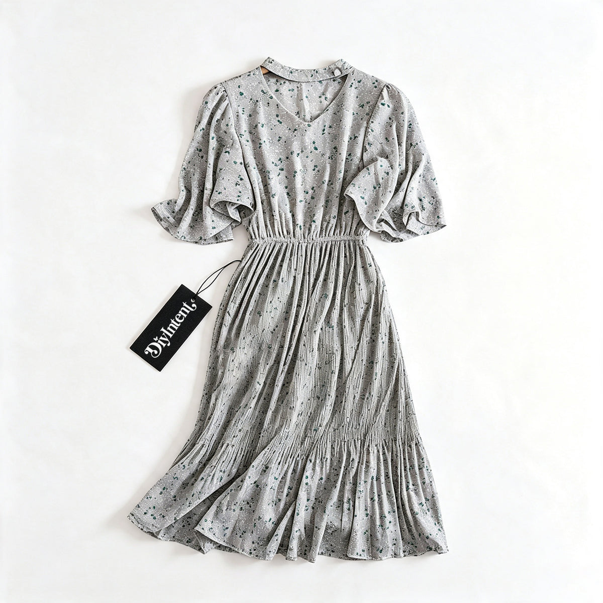 DiyIntent Women's Floral Midi Dress, V Neck Flared Short Sleeve Elastic Waist Choker Casual Summer A Line Long Dress