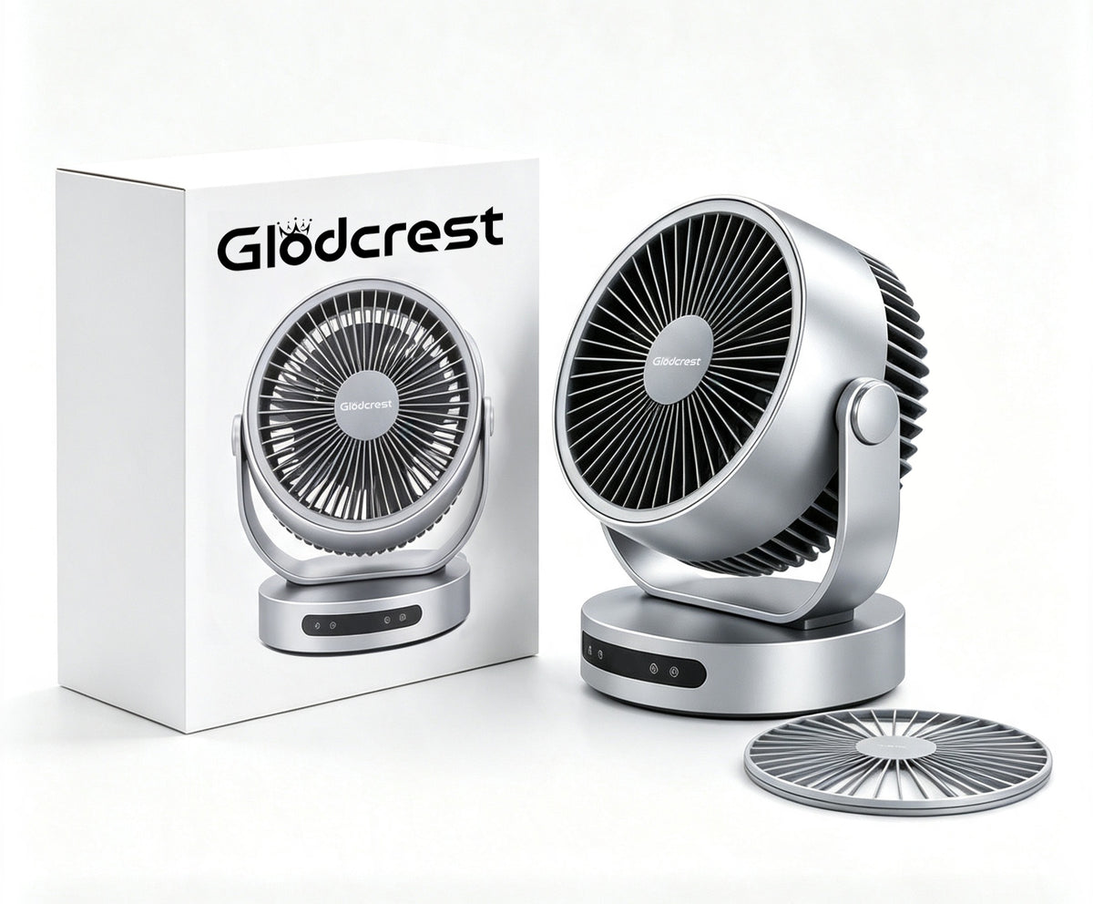 Glodcrest Small Desk Fan, USB Powered Air Circulator Fan, 3‑Speed Adjustable Portable Table Fan, Tiltable Personal Cooling Fan with Extra Grill Cover for Home Office Bedroom Dorm