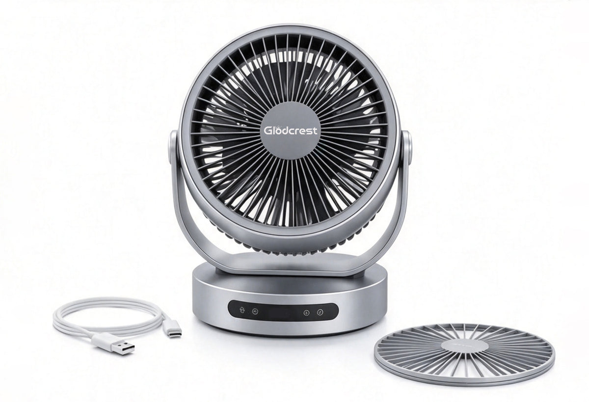 Glodcrest Small Desk Fan, USB Powered Air Circulator Fan, 3‑Speed Adjustable Portable Table Fan, Tiltable Personal Cooling Fan with Extra Grill Cover for Home Office Bedroom Dorm