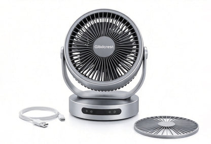 Glodcrest Small Desk Fan, USB Powered Air Circulator Fan, 3‑Speed Adjustable Portable Table Fan, Tiltable Personal Cooling Fan with Extra Grill Cover for Home Office Bedroom Dorm