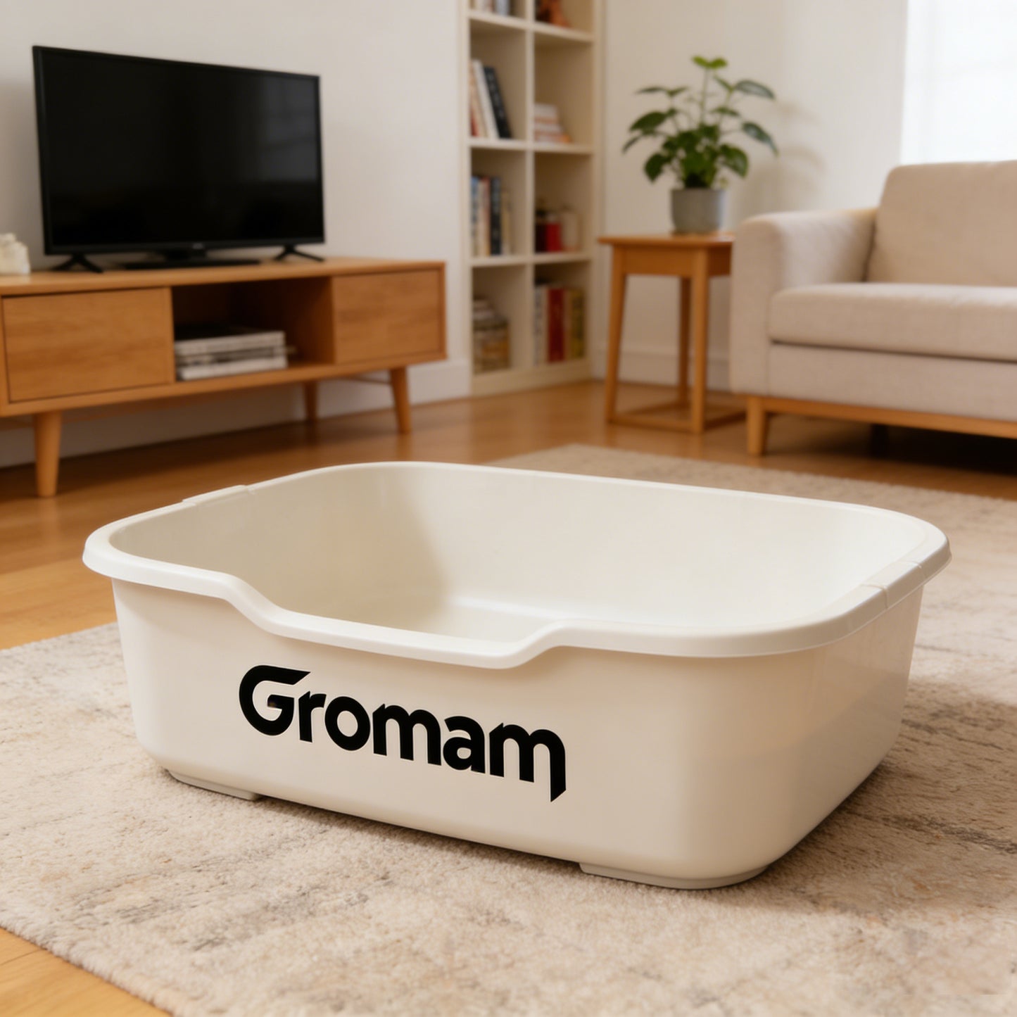 Gromam Minimalist White Cat Litter Pan - Sturdy Non-Stick Plastic Cat Toilet with Non-Slip Feet, Easy to Clean for Home Pet Care