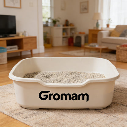 Gromam Minimalist White Cat Litter Pan - Sturdy Non-Stick Plastic Cat Toilet with Non-Slip Feet, Easy to Clean for Home Pet Care