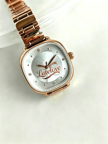 Latelove Women’s Square Quartz Watch, Rose Gold Metal Band Rhinestone Small Dial Wrist Watch, Elegant Minimalist Dress Watch for Ladies, Gift Box Included