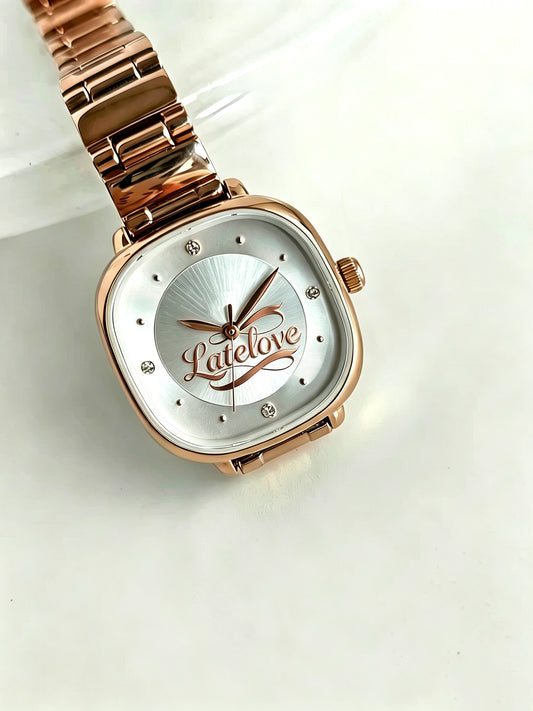 Latelove Women’s Square Quartz Watch, Rose Gold Metal Band Rhinestone Small Dial Wrist Watch, Elegant Minimalist Dress Watch for Ladies, Gift Box Included