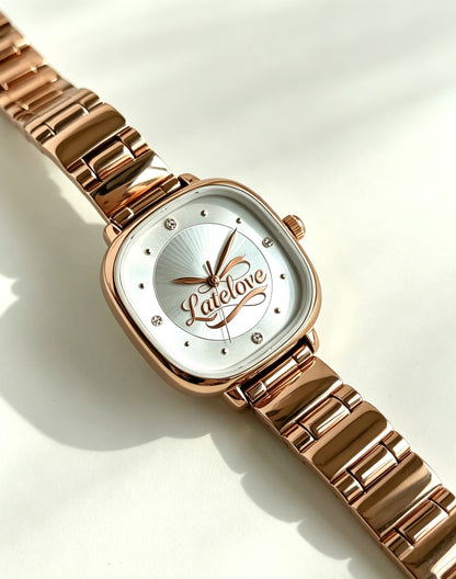 Latelove Women’s Square Quartz Watch, Rose Gold Metal Band Rhinestone Small Dial Wrist Watch, Elegant Minimalist Dress Watch for Ladies, Gift Box Included