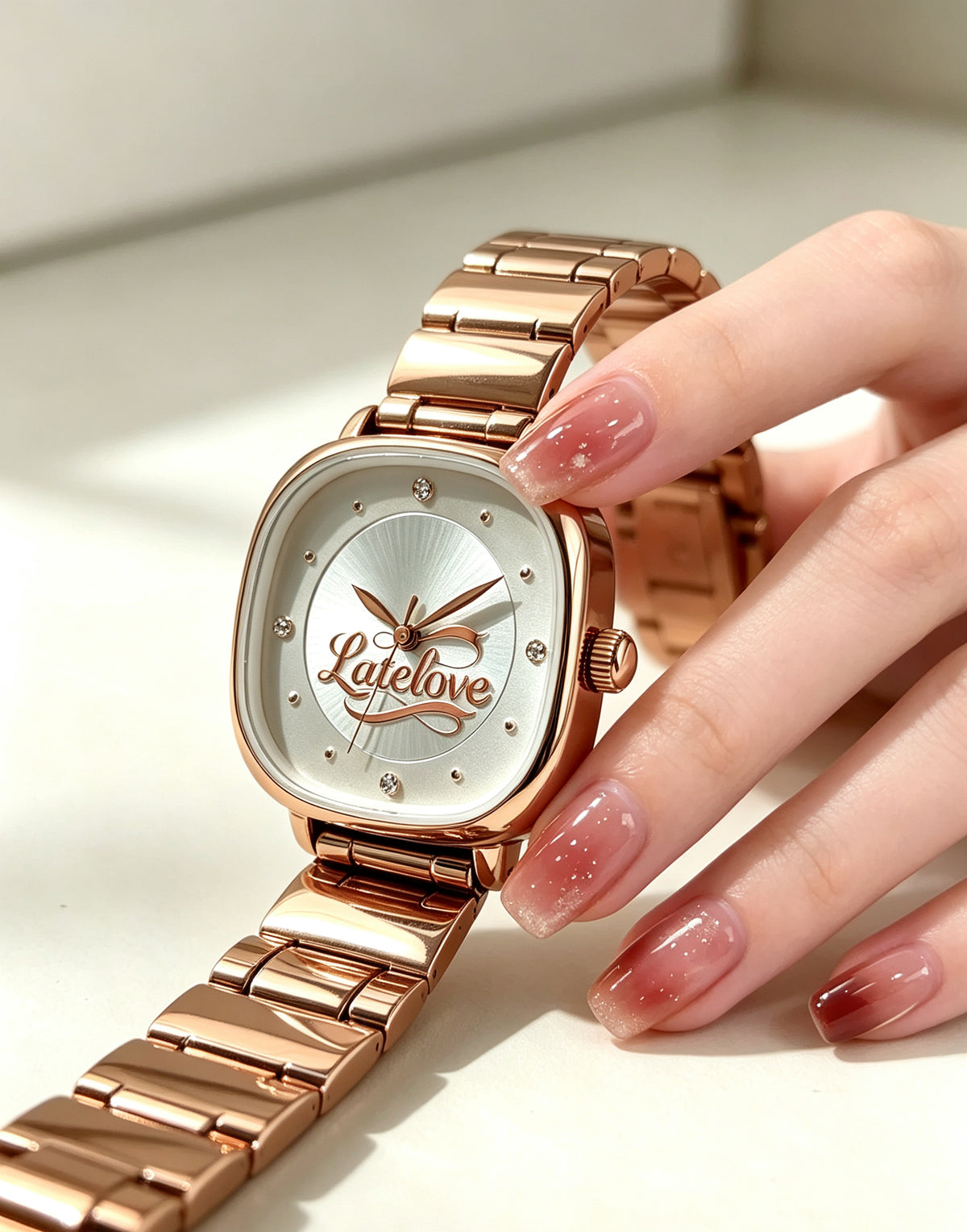 Latelove Women’s Square Quartz Watch, Rose Gold Metal Band Rhinestone Small Dial Wrist Watch, Elegant Minimalist Dress Watch for Ladies, Gift Box Included