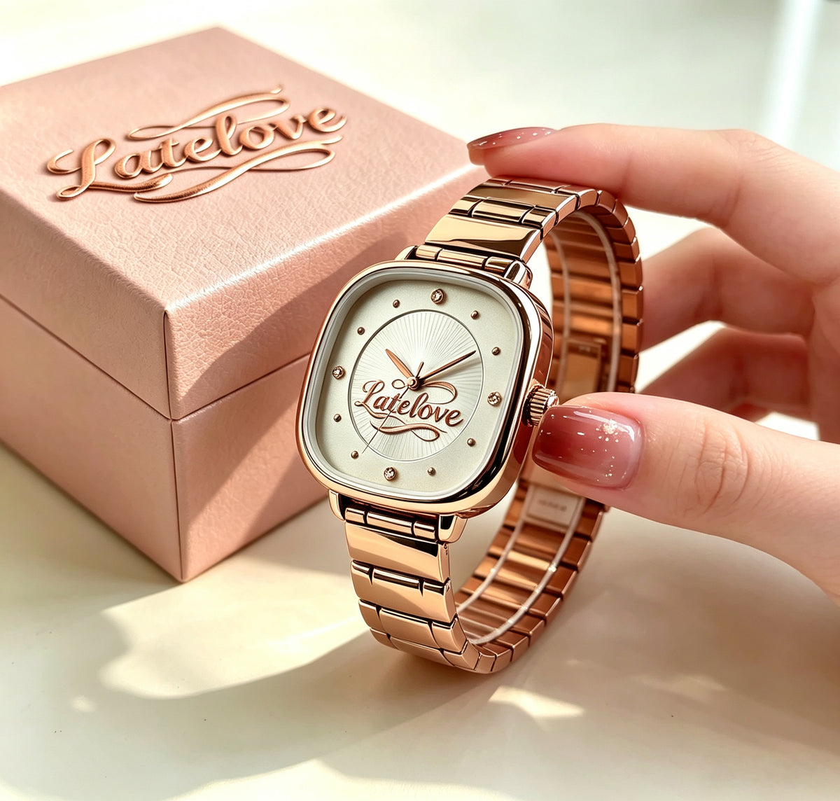 Latelove Women’s Square Quartz Watch, Rose Gold Metal Band Rhinestone Small Dial Wrist Watch, Elegant Minimalist Dress Watch for Ladies, Gift Box Included