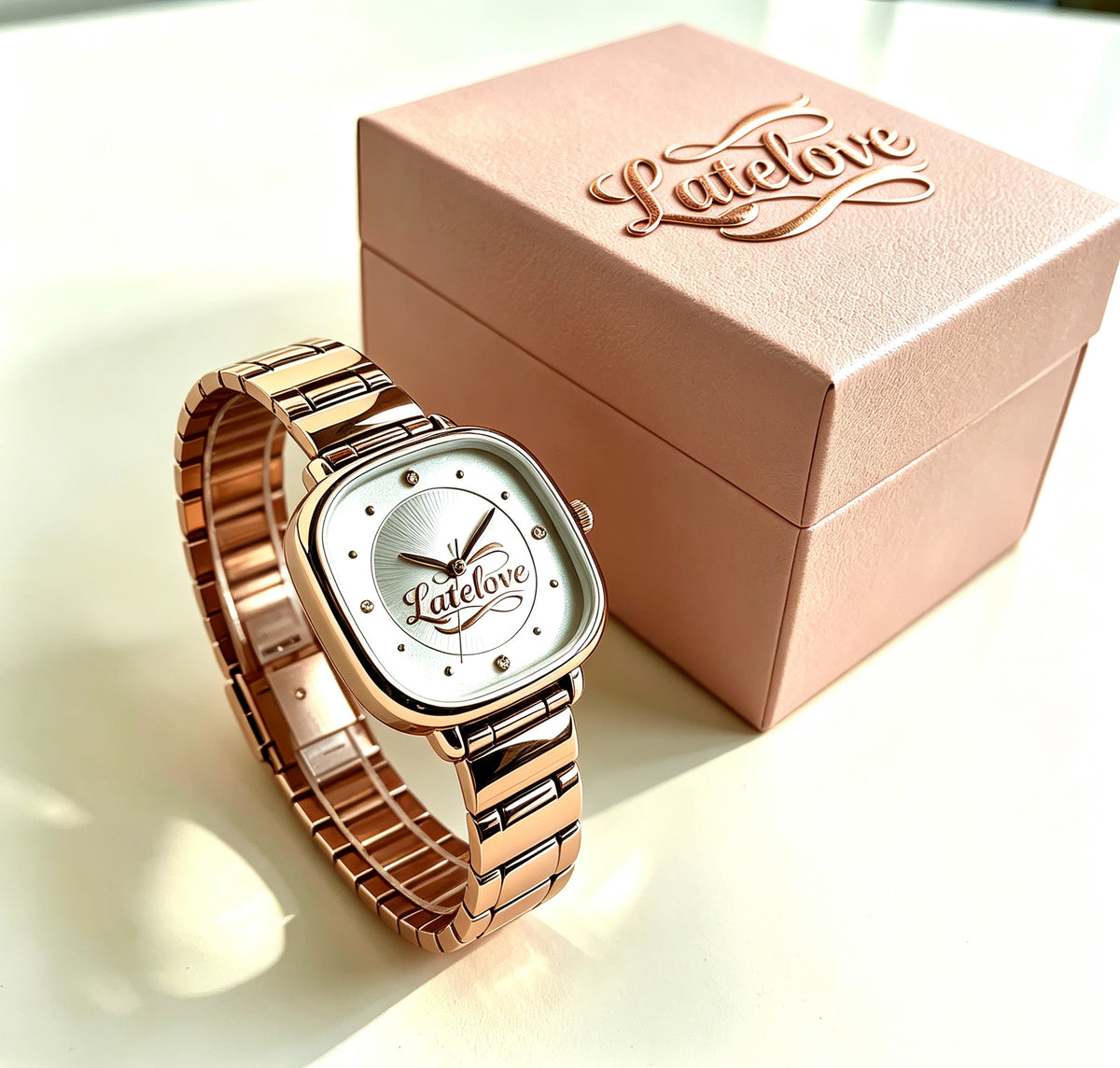 Latelove Women’s Square Quartz Watch, Rose Gold Metal Band Rhinestone Small Dial Wrist Watch, Elegant Minimalist Dress Watch for Ladies, Gift Box Included