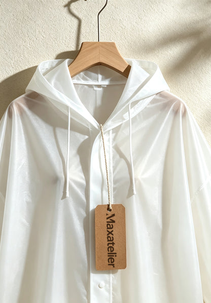 Maxatelier Long Hooded Raincoat for Adults, Semi Transparent Lightweight Portable Rain Poncho, Snap Button Cuff Waterproof Rain Jacket for Travel Hiking Outdoor