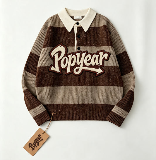Popyear Striped Polo Collar Sweater, Men Vintage Chenille Letter Patch Knit Pullover, Loose Long Sleeve Color Block Stripe Jumper Streetwear