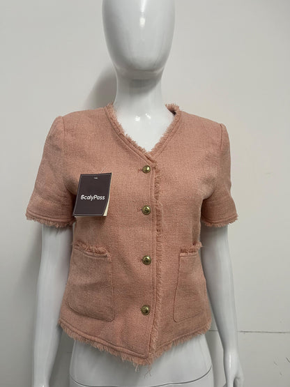 【ScalyPass Blush Pink Frayed-edge Short-sleeve Jacket】—— Elegant & Versatile Wardrobe Staple