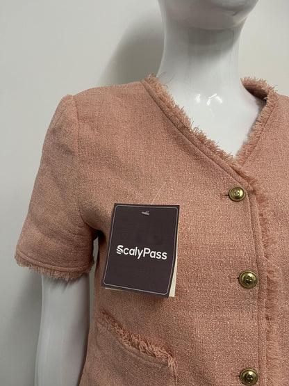 【ScalyPass Blush Pink Frayed-edge Short-sleeve Jacket】—— Elegant & Versatile Wardrobe Staple