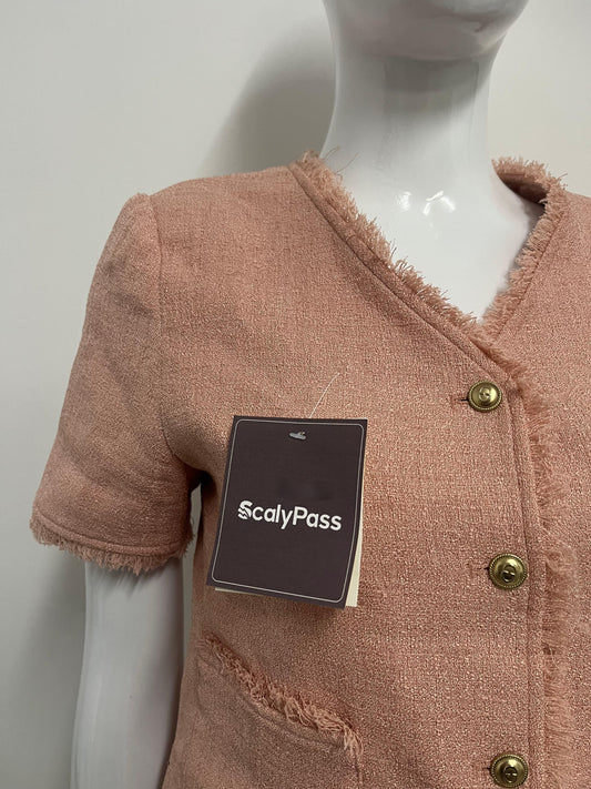 【ScalyPass Blush Pink Frayed-edge Short-sleeve Jacket】—— Elegant & Versatile Wardrobe Staple