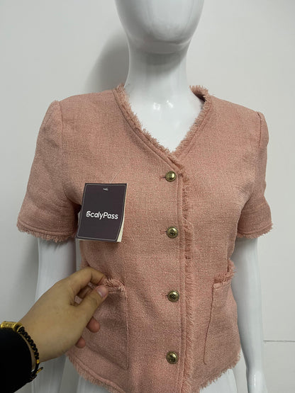 【ScalyPass Blush Pink Frayed-edge Short-sleeve Jacket】—— Elegant & Versatile Wardrobe Staple