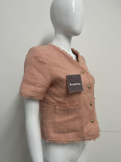 【ScalyPass Blush Pink Frayed-edge Short-sleeve Jacket】—— Elegant & Versatile Wardrobe Staple