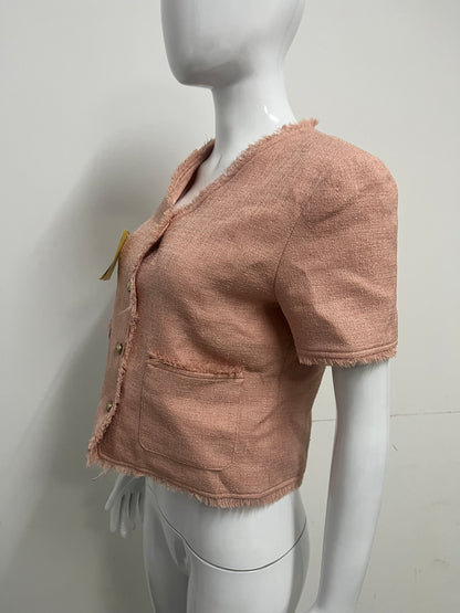 【ScalyPass Blush Pink Frayed-edge Short-sleeve Jacket】—— Elegant & Versatile Wardrobe Staple