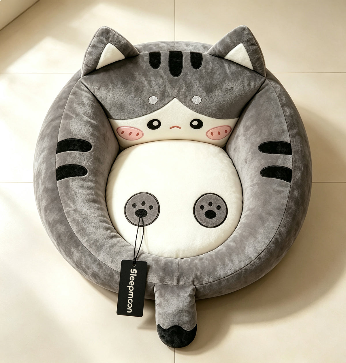 Sleepmoon Cute Cat Shaped Pet Cushions, Soft Plush Round Dog Cat Bed, Raised Rim Calming Pet Bed Cushion for Small Cats Dogs, Cozy Warm Sleeping Pet Mat